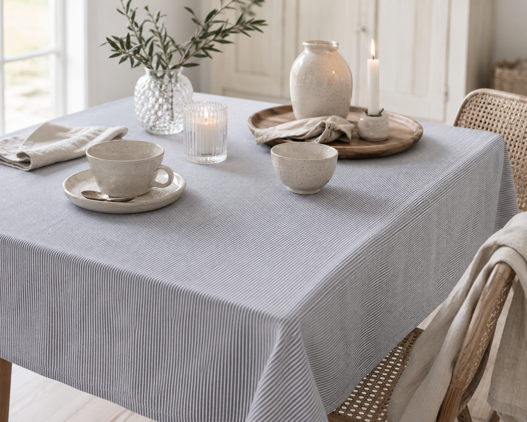 Ib Laursen Tischdecke Charlie quadratisch Blau Weiß mit dunkelblauen Streifen im hellen skandinavischen Hygge Esszimmer dekoriert