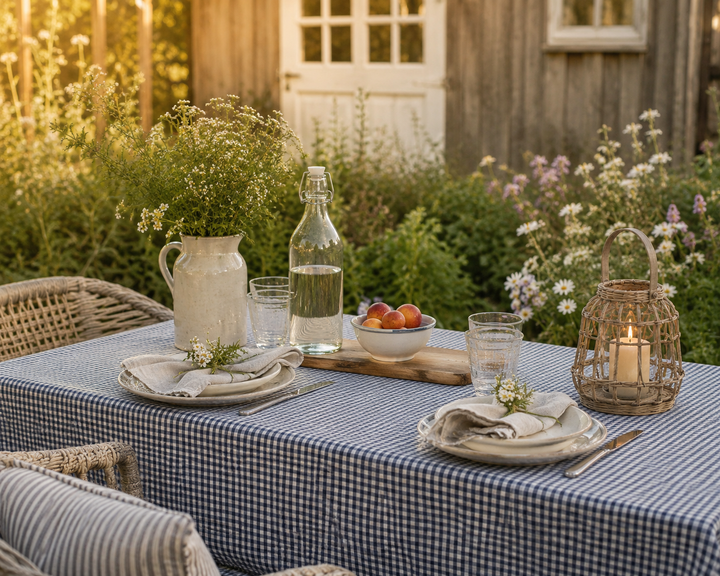 Ib Laursen Tischdecke Lucas länglich Dunkelblau mit naturfarbenen Karos auf sommerlichem Gartentisch im skandinavischen Landhausstil