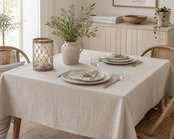 Ib Laursen Tischdecke quadratisch leinenfarben im Landhausstil auf sommerlich gedecktem Gartentisch mit neutraler Dekoration