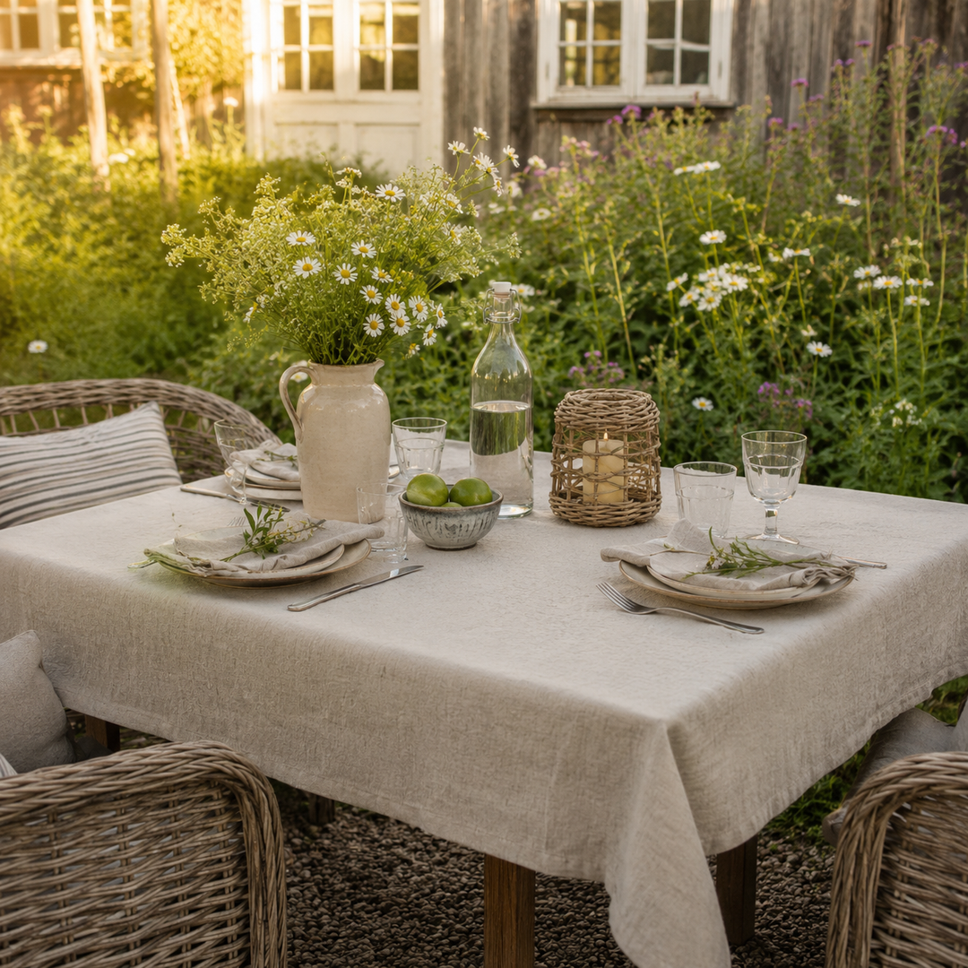 Ib Laursen Tischdecke quadratisch leinenfarben auf skandinavisch dekorierter Terrasse mit natürlicher Tischdekoration und warmem Licht