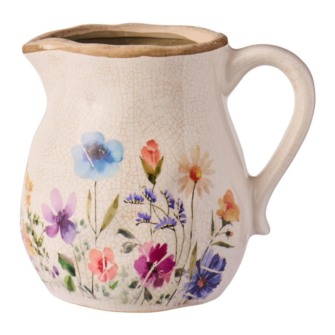 IB Laursen Vase mit Henkel Wildflowers aus Keramik in Creme mit floralem Blumenmuster freigestellt