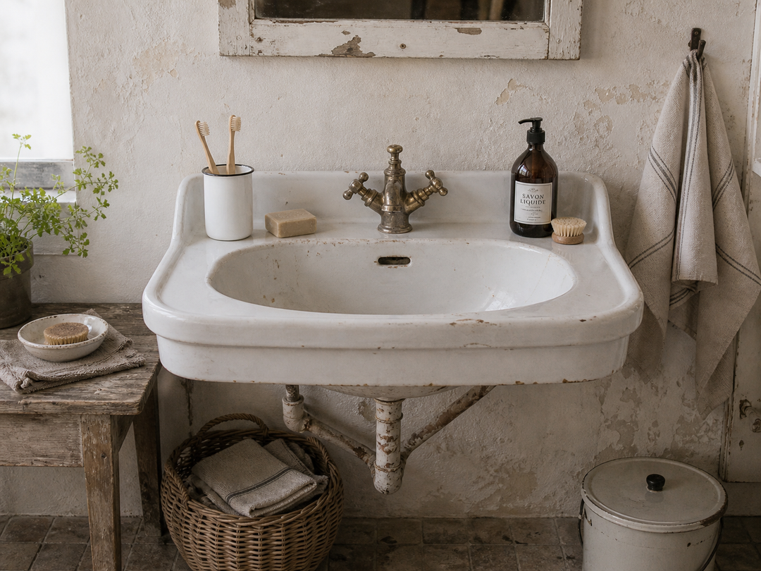 Ib Laursen Zahnbecher Emaille weiß mit schwarzem Rand auf altem Waschbecken im Shabby Chic Vintage Badezimmer