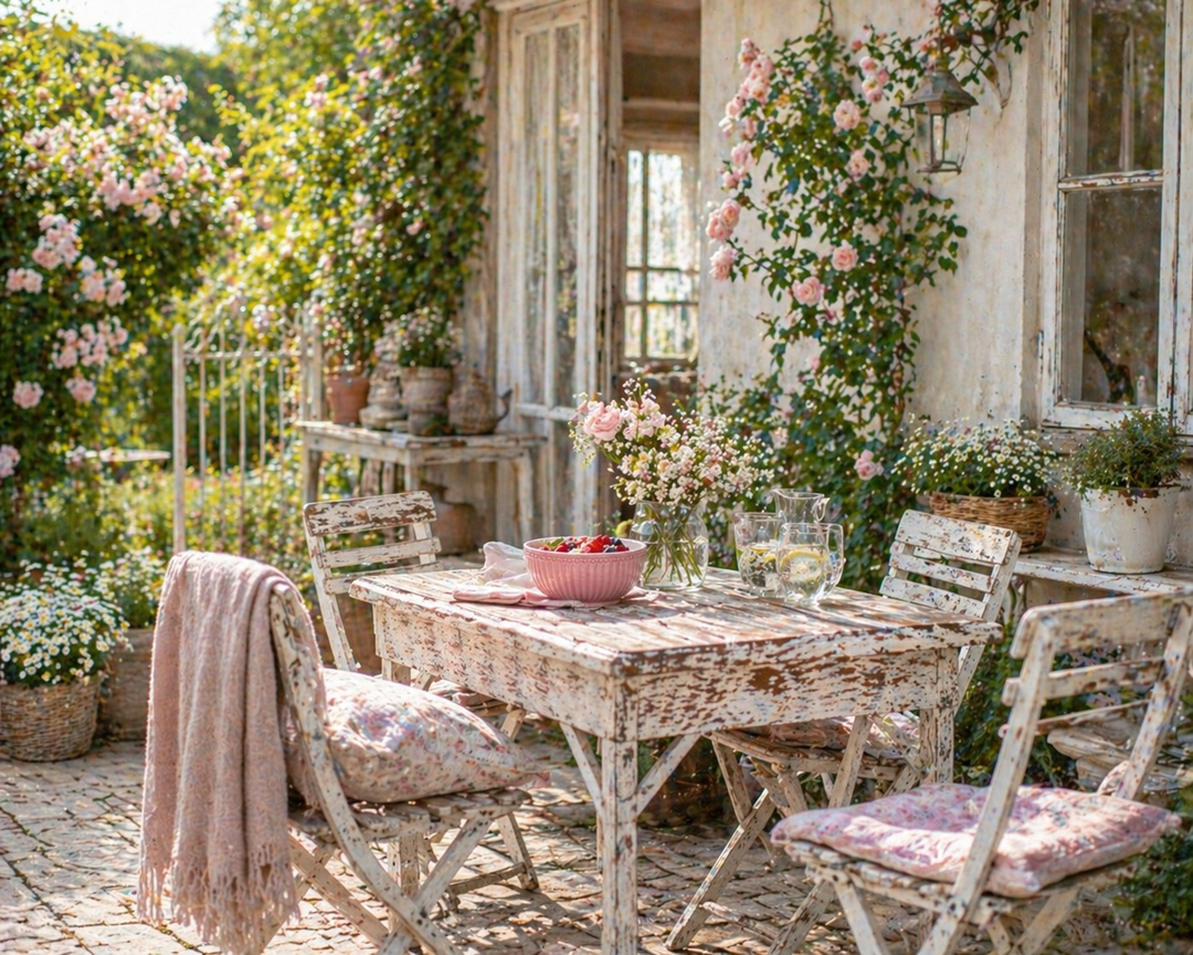 Shabby Chic Landhaus Terrasse mit gedecktem Tisch und sommerlicher Dekoration im Garten