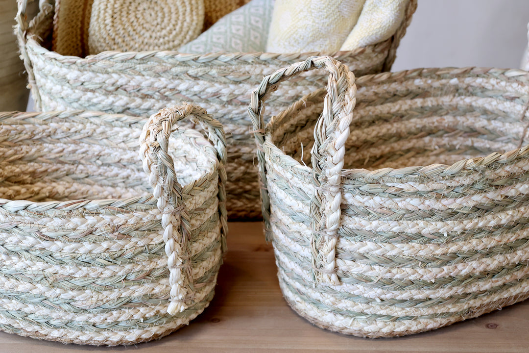 Dekoratives Korb Set in Creme und Verte aus Naturmaterialien