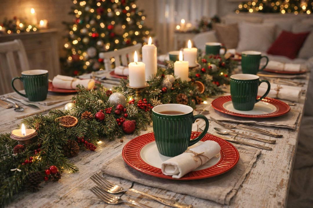 Grüner Keramikbecher im skandinavischen Landhausstil auf festlich gedecktem Weihnachtstisch mit Kerzen und Tannenzweigen