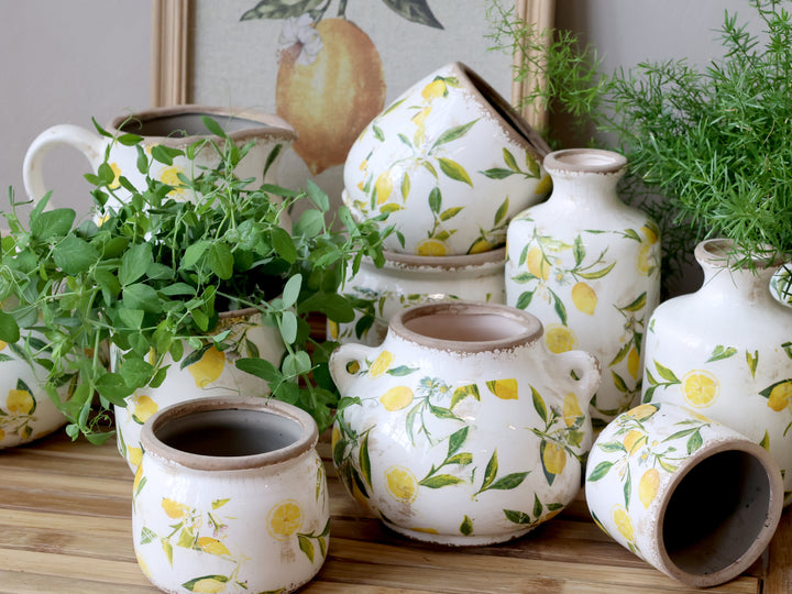 Cremefarbener Blumentopf mit Zitronenmotiv aus Keramik